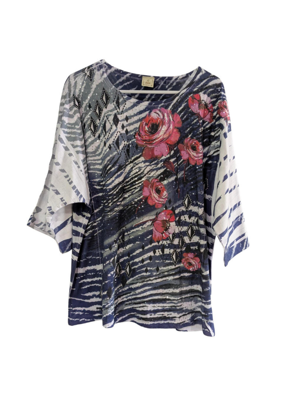 Jess & Jane Women's Navy Diamond 3/4 Sleeve Scoop Neck Top Blue Pink, Size Large